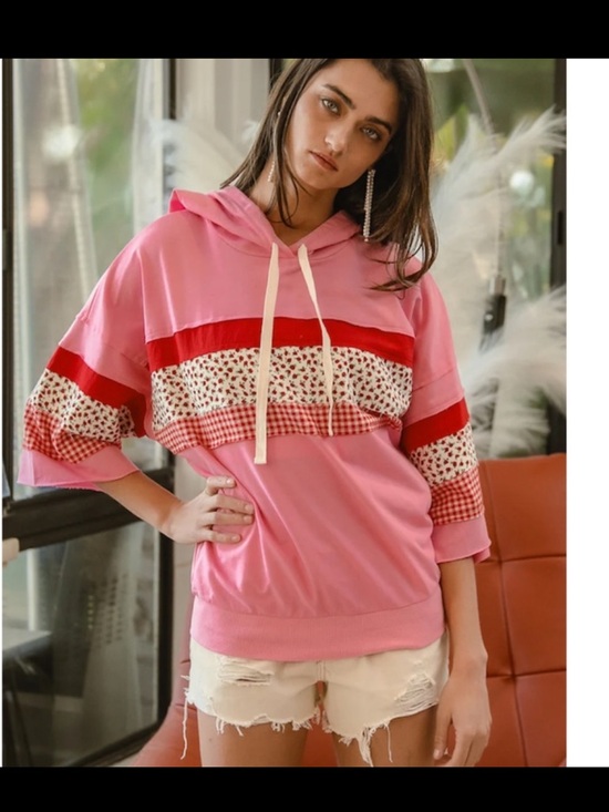 BiBi Tops - BiBi Pink Hoodie with Red & White Patterned Stripes,NWOT